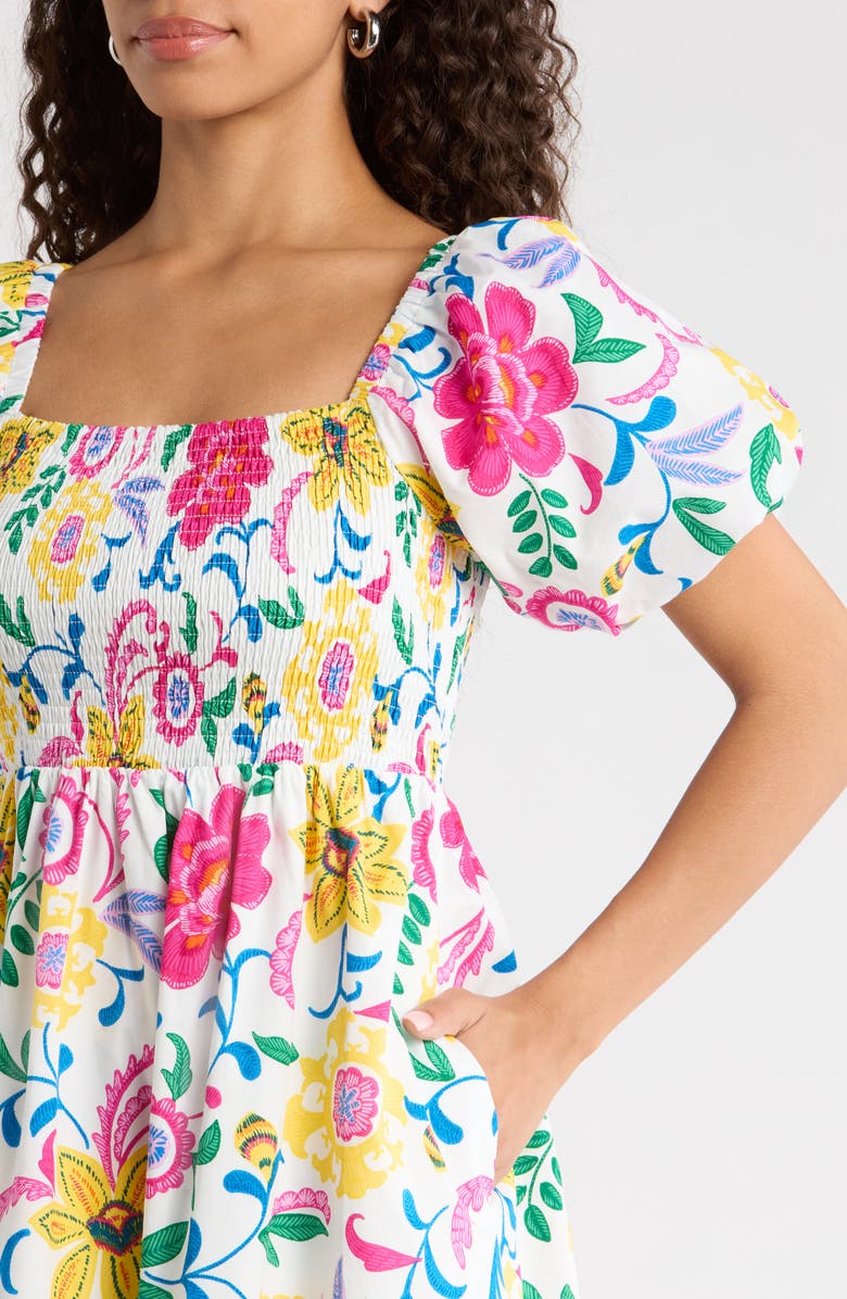 SUGARLIPS Kress Floral Maray Smocked Midi Dress, Alternate, color, White Multi