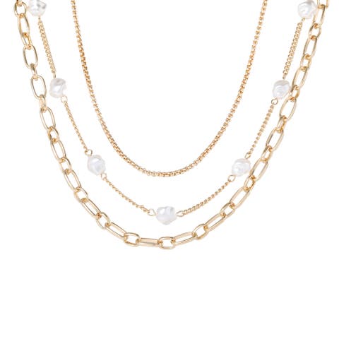 Layered Pearl Drop Chain Necklace