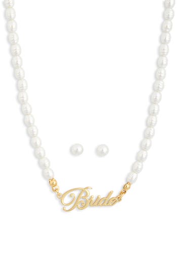 Leith Demi Fine Faux Pearl Stud Earrings & Bride Necklace Set In White- Clear- Gold