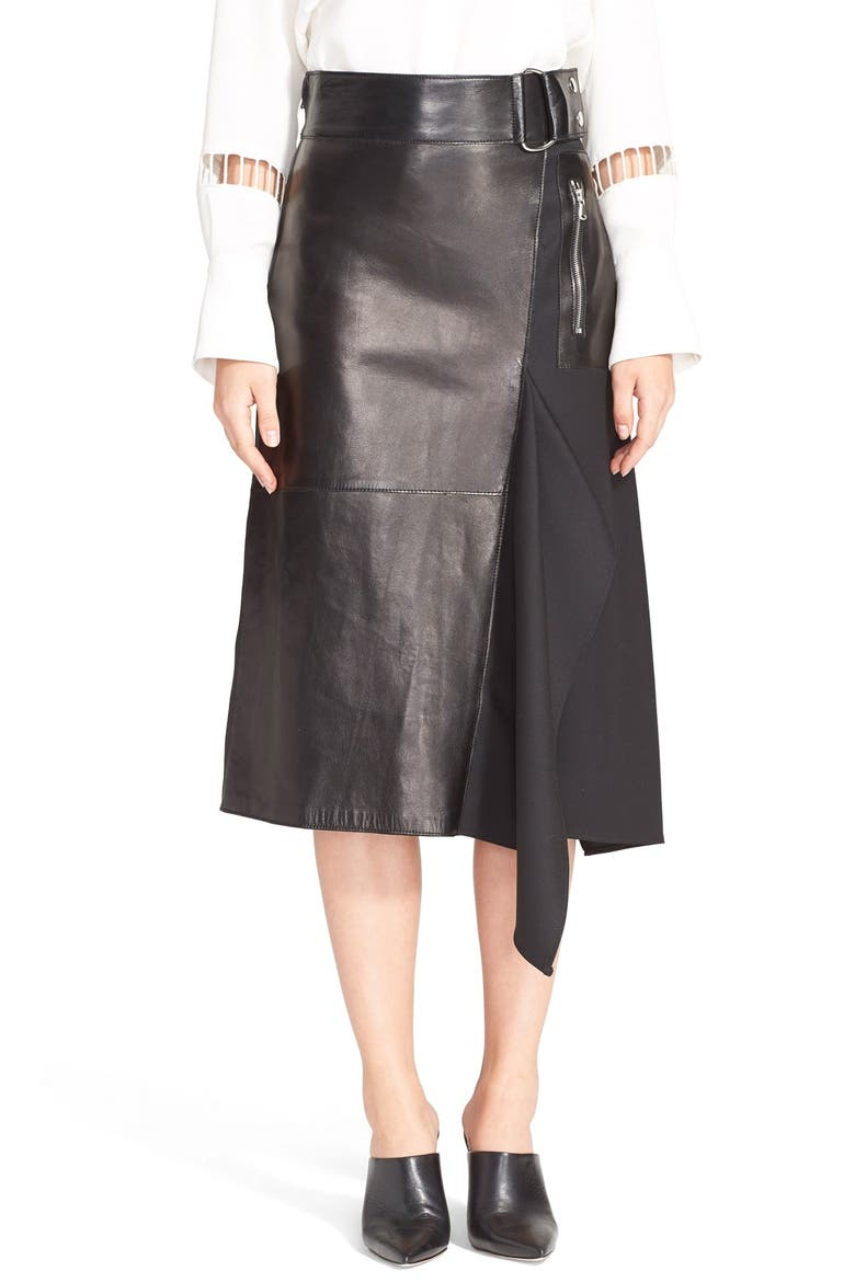 Leather Contrast Asymmetrical Wool Twill Skirt, Main, color, BLACK