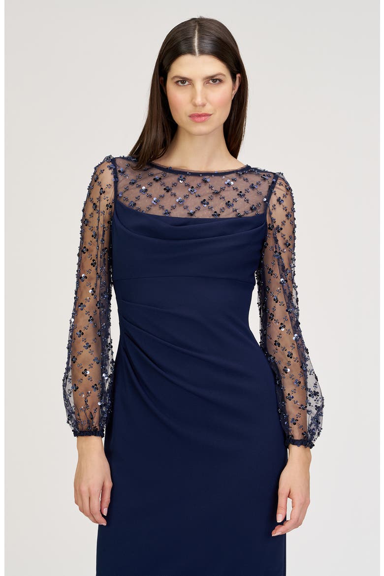 Risha Metallic Floral Appliqué Detail Long Sleeve Crepe Column Gown, Alternate, color, DEEP NAVY