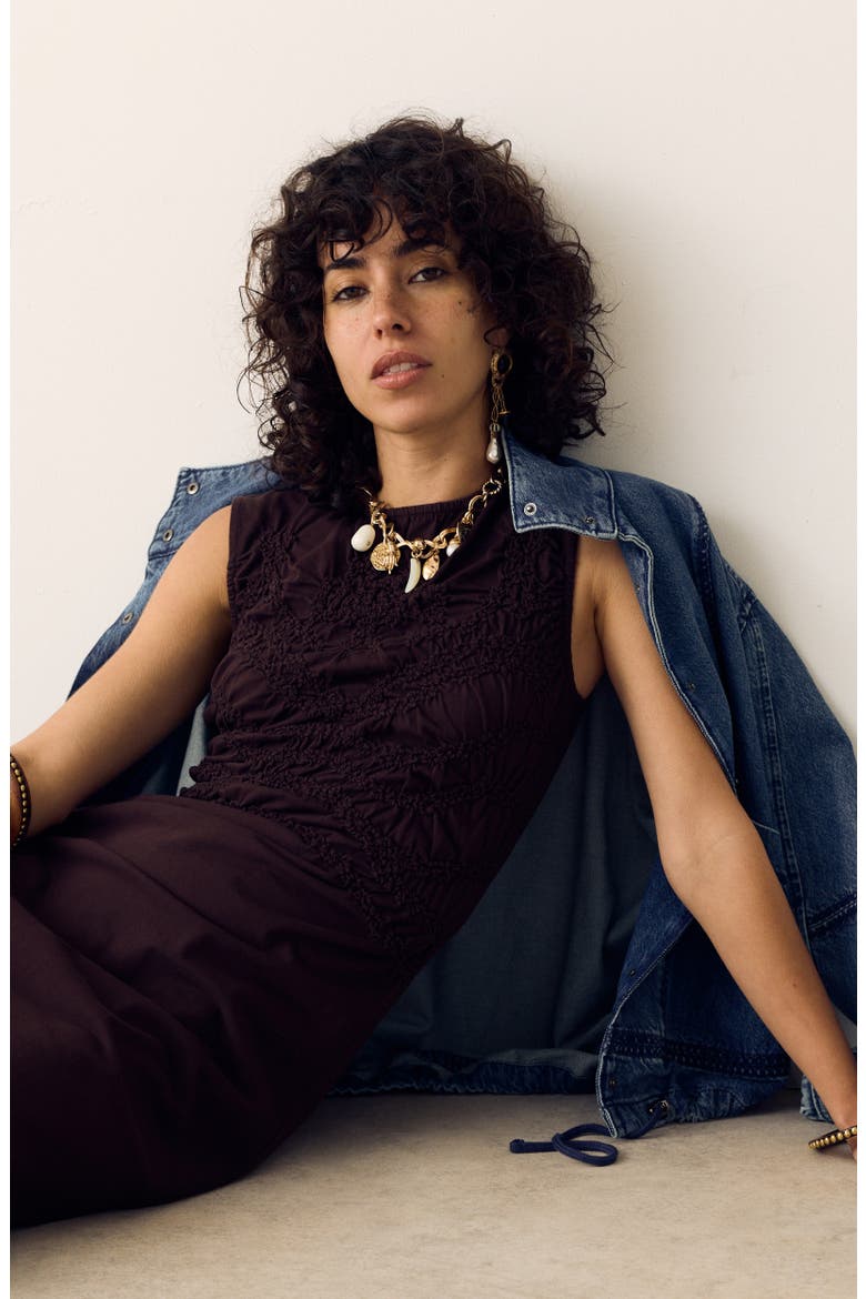 Embroidered Detail Cotton Jersey Dress, Alternate, color, DARK MOLE BROWN
