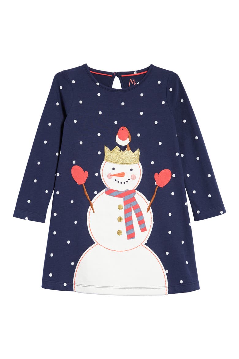 Festive Appliqué Jersey Dress, Main, color, SCHOOL NAVY SNOWMAN