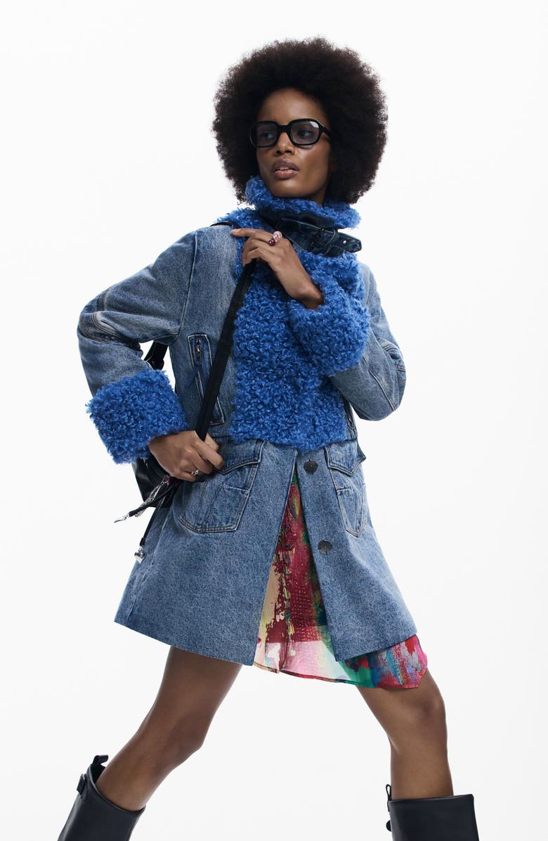 Desigual Denim & Faux Shearling Coat, Alternate, color, 