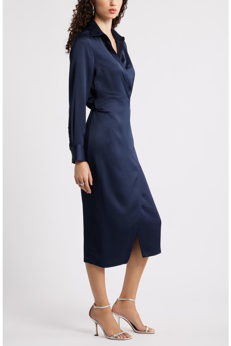 Long Sleeve Faux Wrap Satin Shirtdress, Alternate, color, NAVY NIGHT
