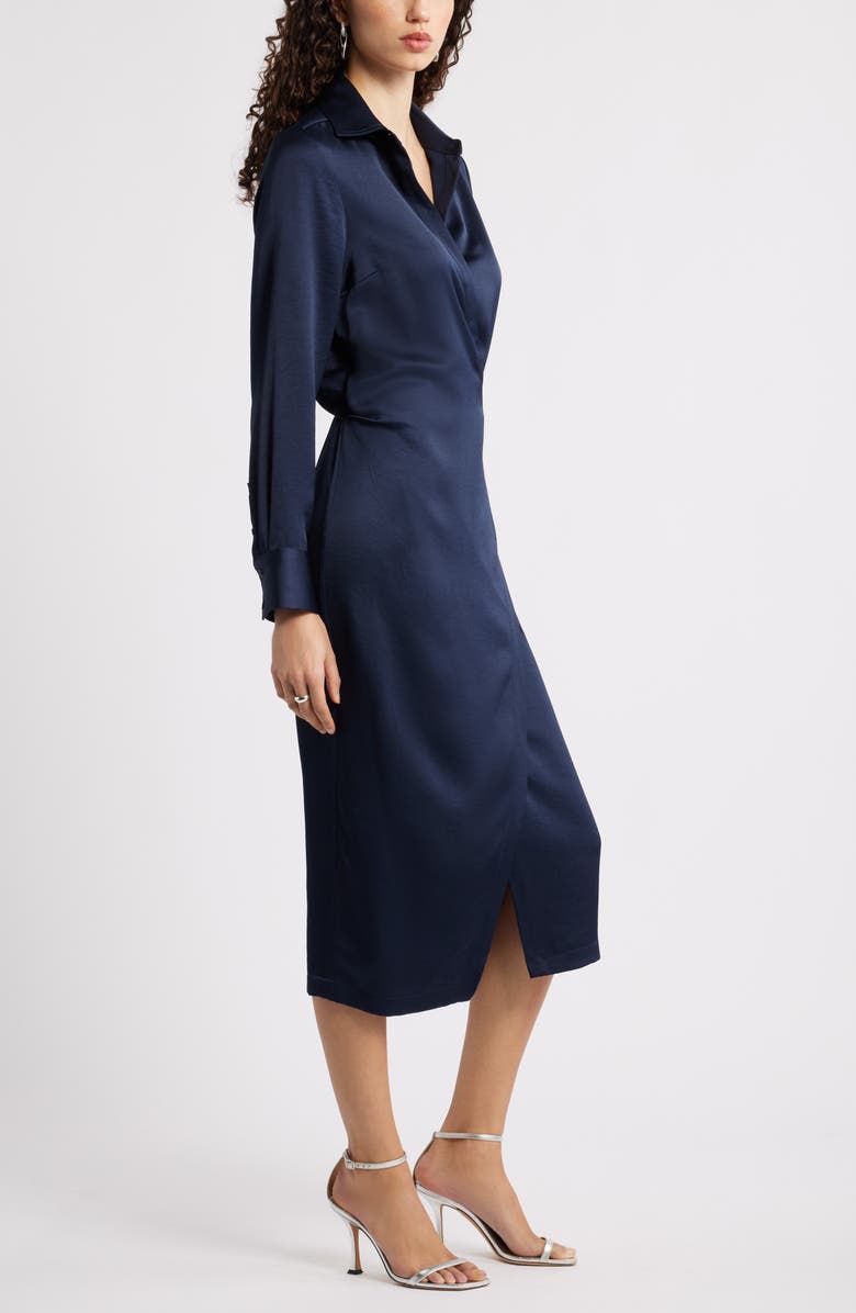 Nordstrom Long Sleeve Faux Wrap Satin Shirtdress, Alternate, color, Navy Night