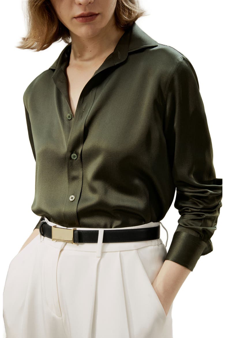 Women's Tailored Button Down Silk Shirt, Alternate, color, Dark olive