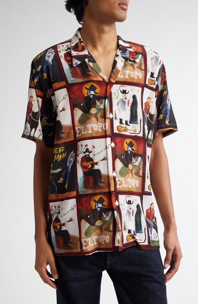 ENDLESS JOY Dead Man Print Silk Crepe Button-Up Shirt, Main, color, 