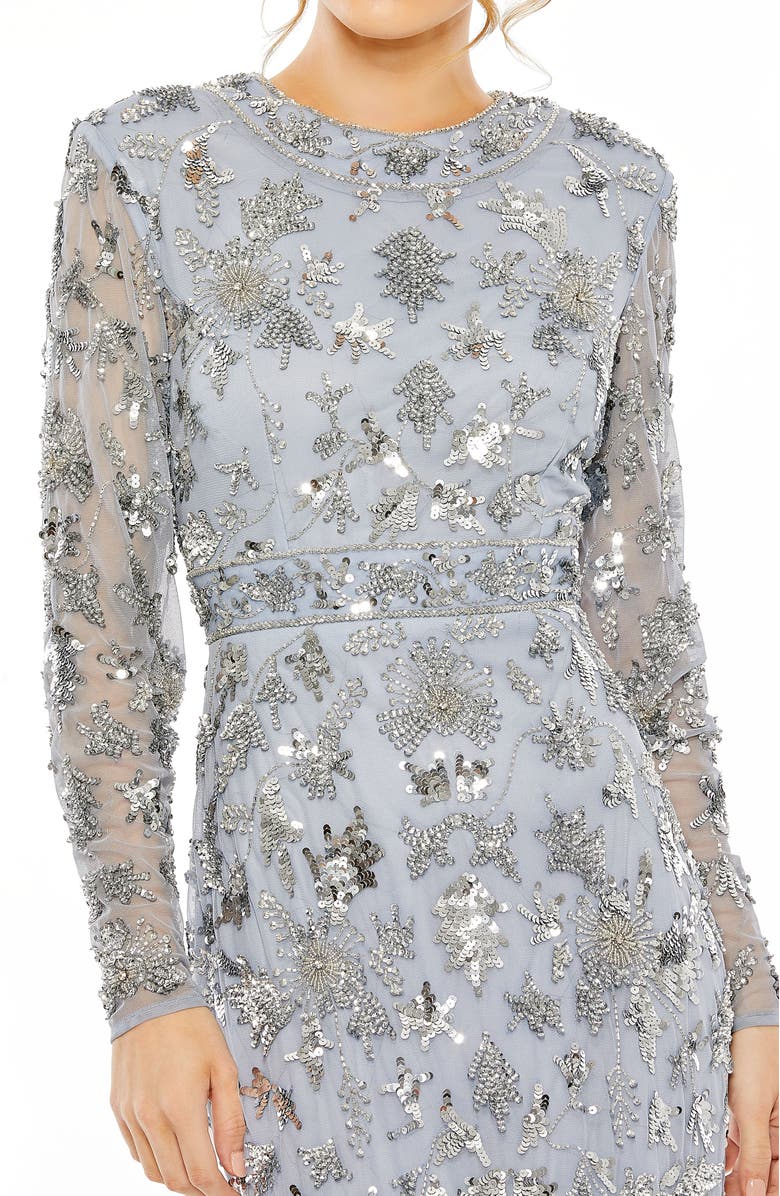 Mac Duggal High Neck Long Sleeve Embellished Column Gown, Alternate, color, Slate Blue