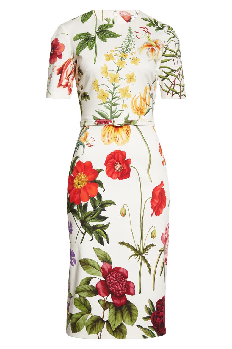 Floral Belted Stretch Cotton Twill Dress, Alternate, color, WHITE MULTI
