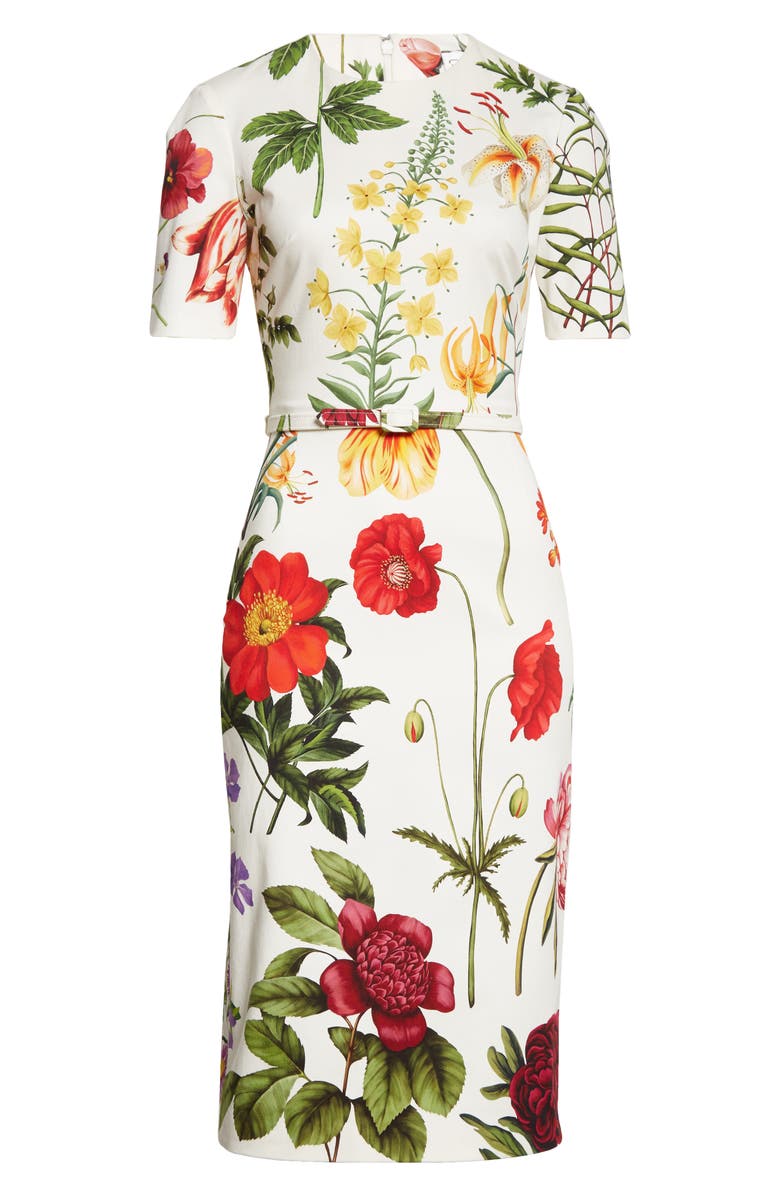 Oscar de la Renta Floral Belted Stretch Cotton Twill Dress, Alternate, color, 