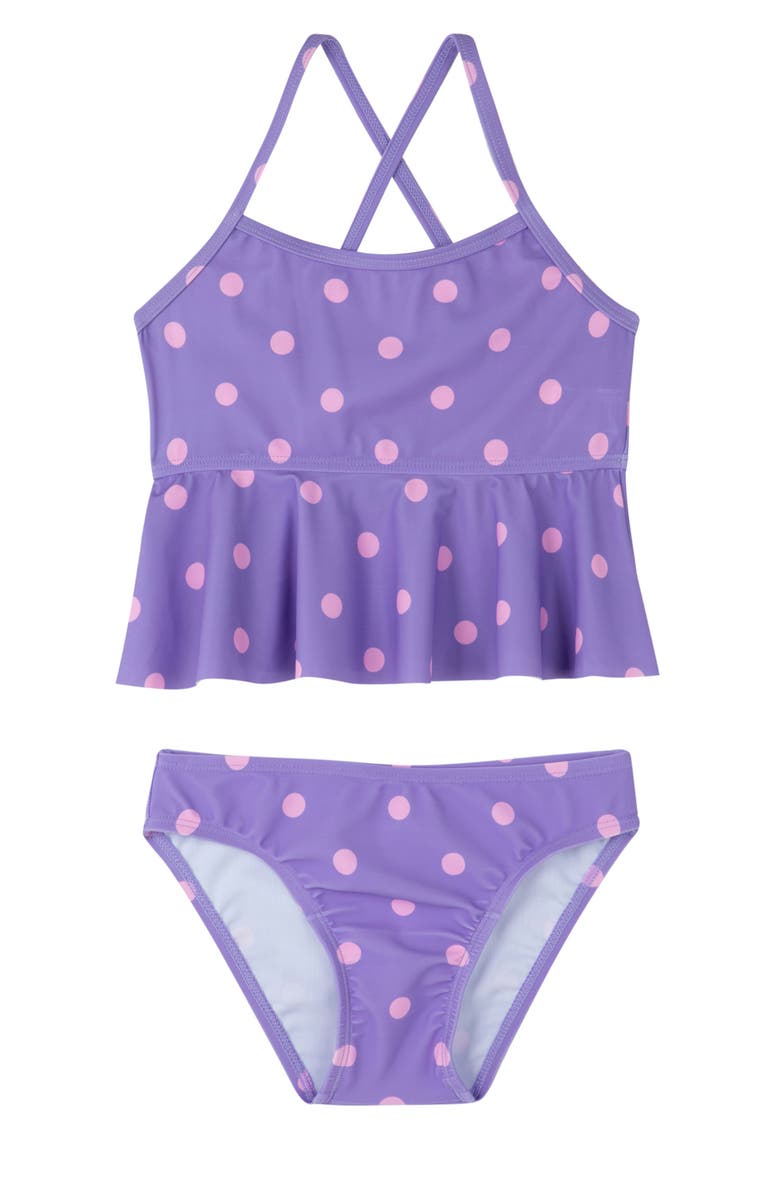 Gottex Kids Dot Dot Dot Scoop Neck Ruffle Swim Set, Main, color, Purple