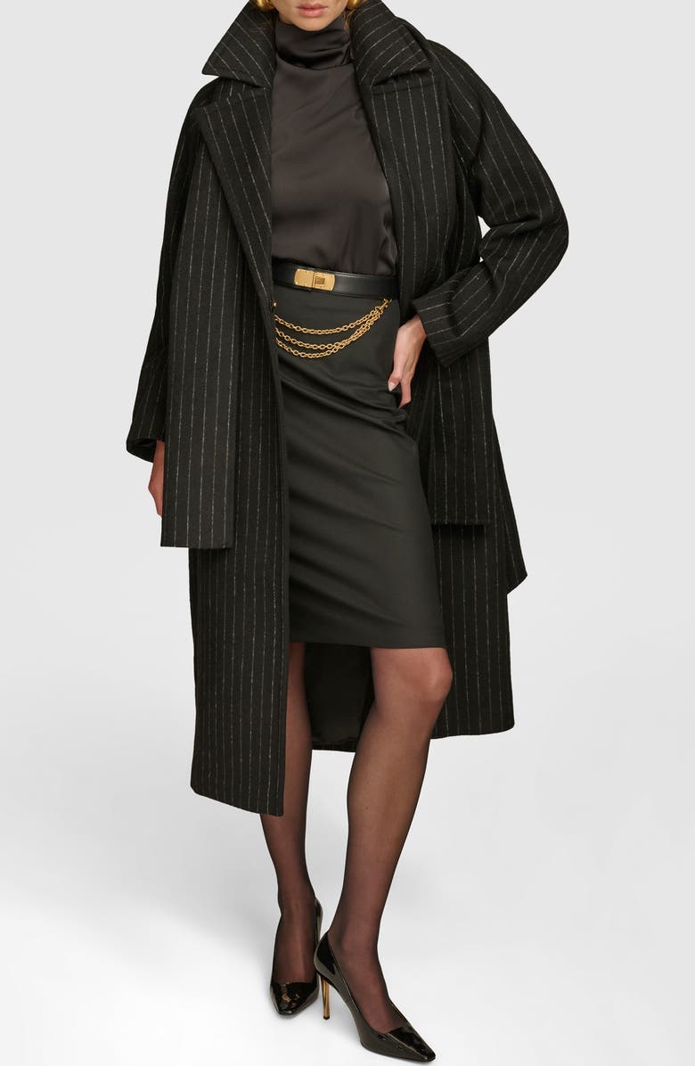 Donna Karan New York Wool Blend Coat with Scarf, Alternate, color, Black Chalkstripe