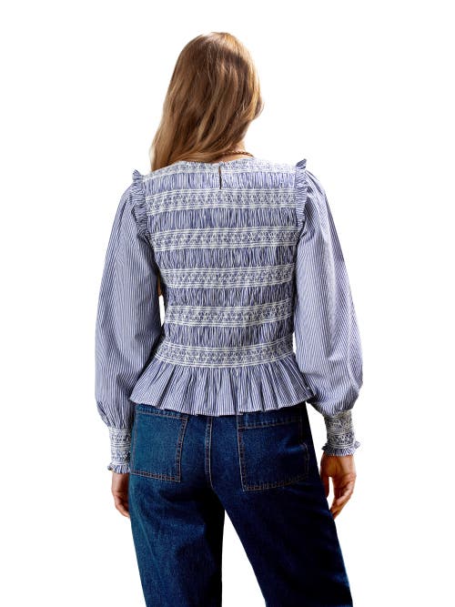 Ro&zo Womens Blue Shirred Long-sleeve Embroidered Cotton Blouse In Blue