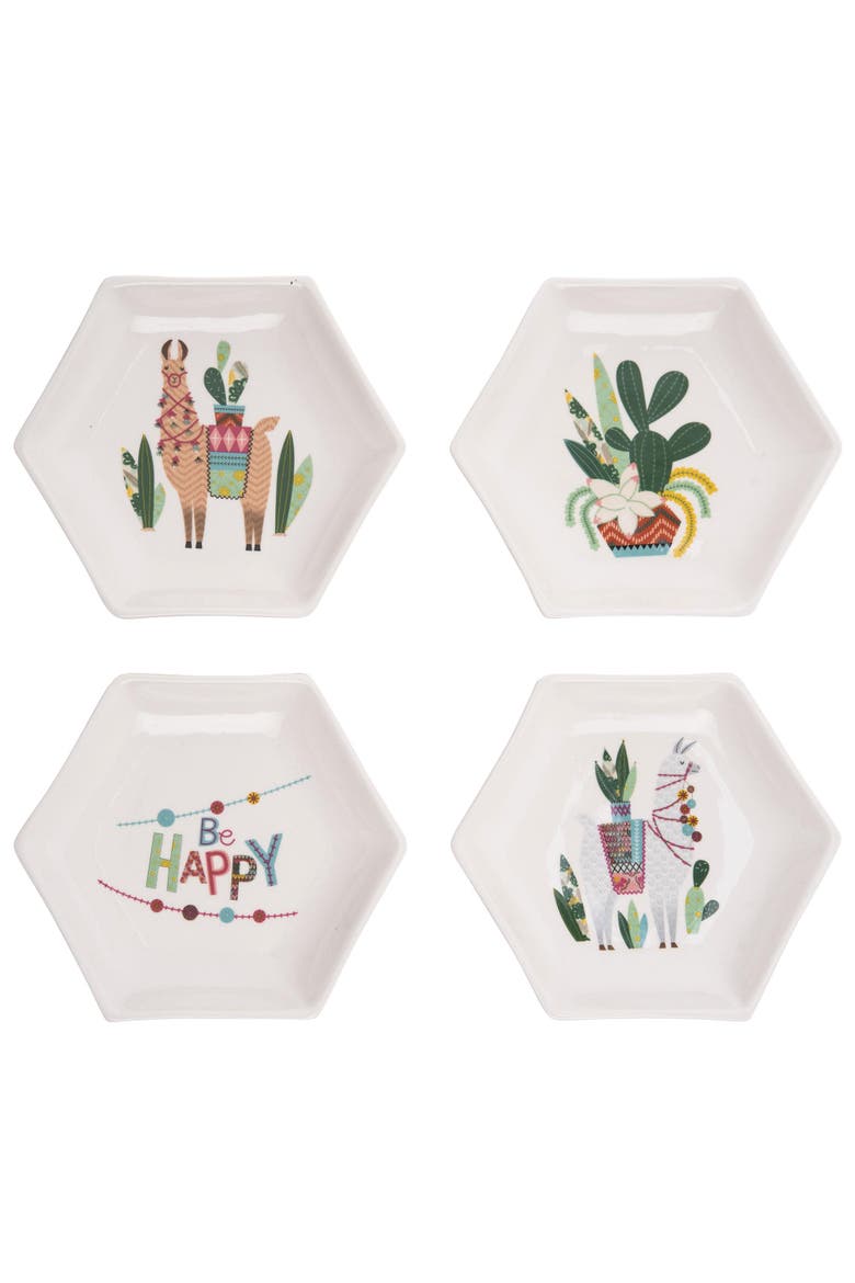 Ceramic Hexagon Southwest Lama Cactus Plate Set of 4 Decorative Trays for Home Spring Summer Decor, Main, color, Multicolored