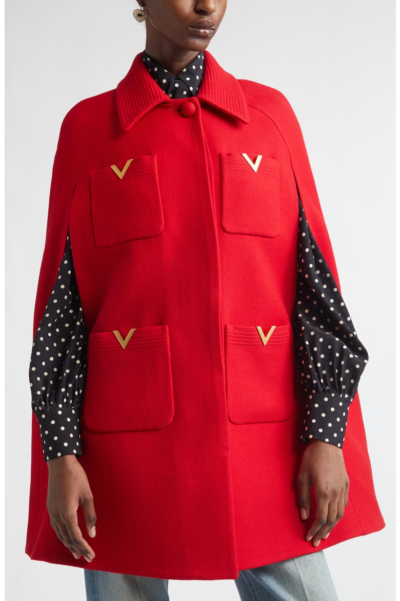 V-Detail Wool & Silk Double Drill Cape, Alternate, color, DEEP RED