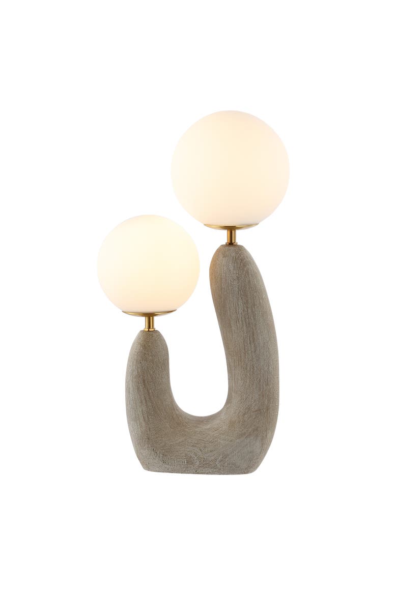 Oona 2-Light Mid-Century Scandinavian Resin/Iron/Frosted Glass Cactus LED Table Lamp, Main, color, Gray Wood Finish/Brass Gold