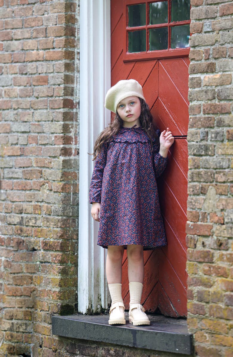 Manière Kids' Floral Ruffle Yoke Long Sleeve Dress, Alternate, color, Navy