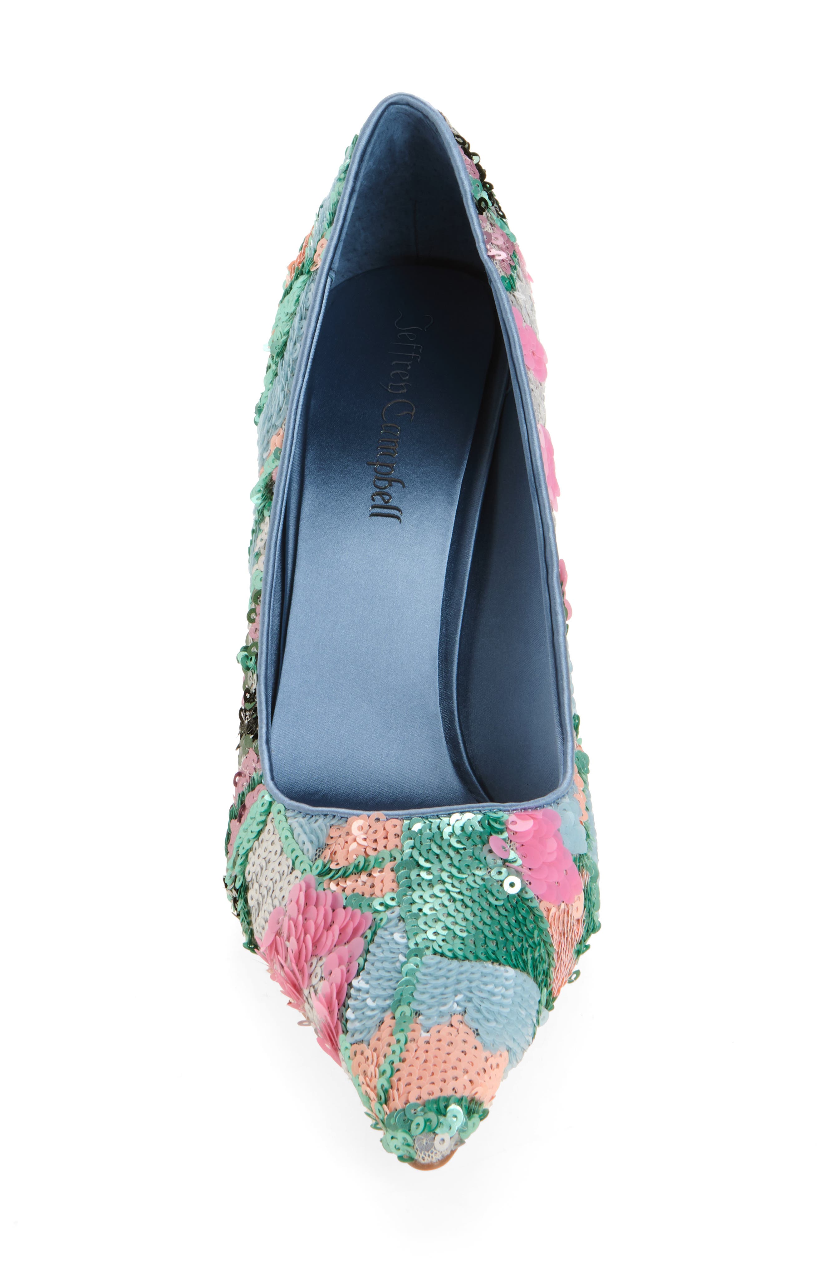Jeffrey Campbell Good Sequin Pointed Toe Pump, Alternate, color, Teal Satin Combo