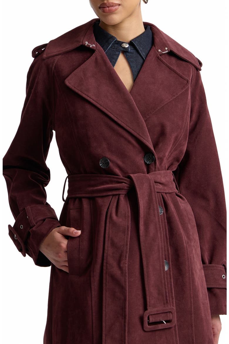 Double Breasted Faux Suede Trench Coat, Alternate, color, BLACKBERRY