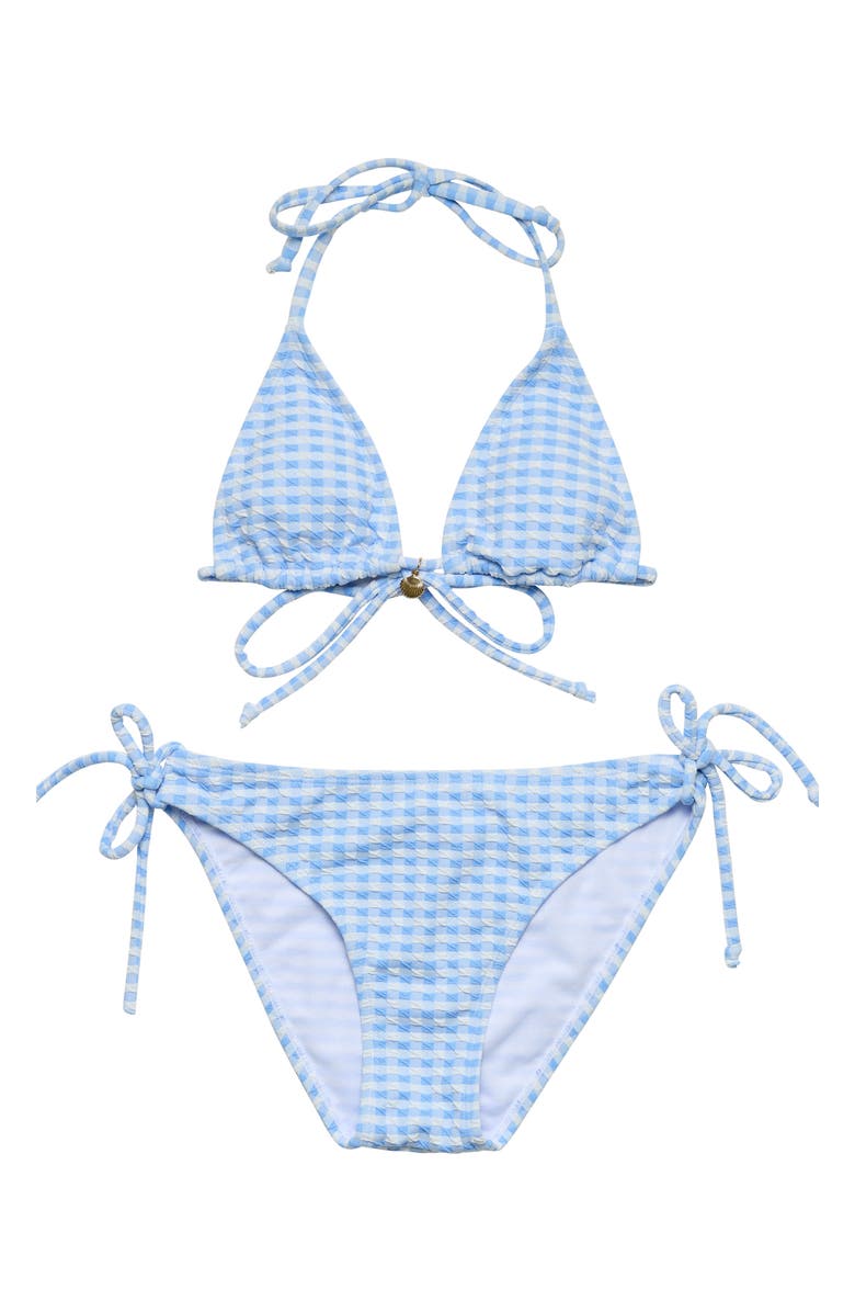 Snapper Rock Kids' Seaside Gingham Triangle Two-Piece Swimsuit, Main, color, Blue