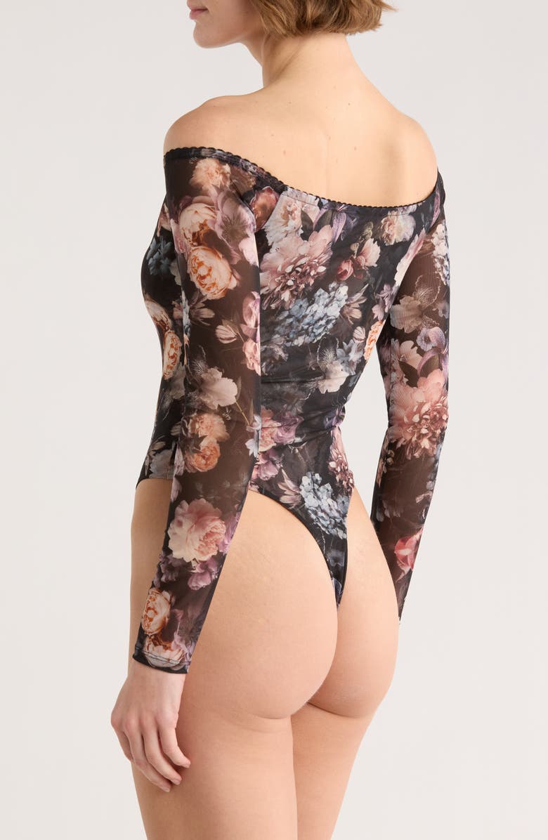 L'AGENCE Peonie Off the Shoulder Bodysuit, Alternate, color, Black Multi Vintage Oil Flower
