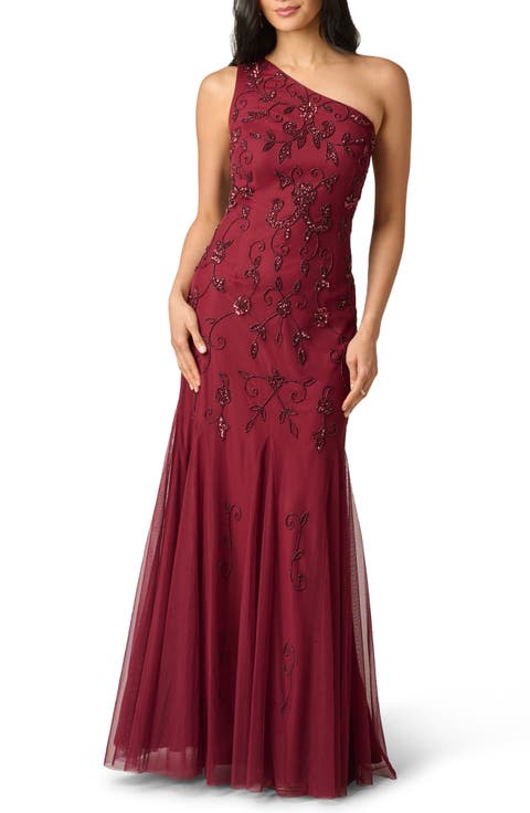 Beaded One-Shoulder Godet Gown