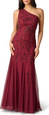 Adrianna Papell Beaded One-Shoulder Godet Gown