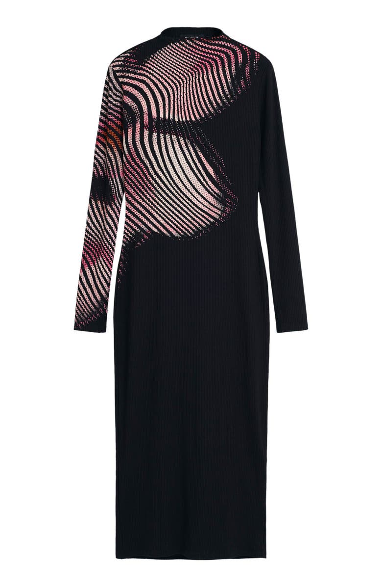 Desigual Funnel Neck Long Sleeve Rib Dress, Alternate, color, Black