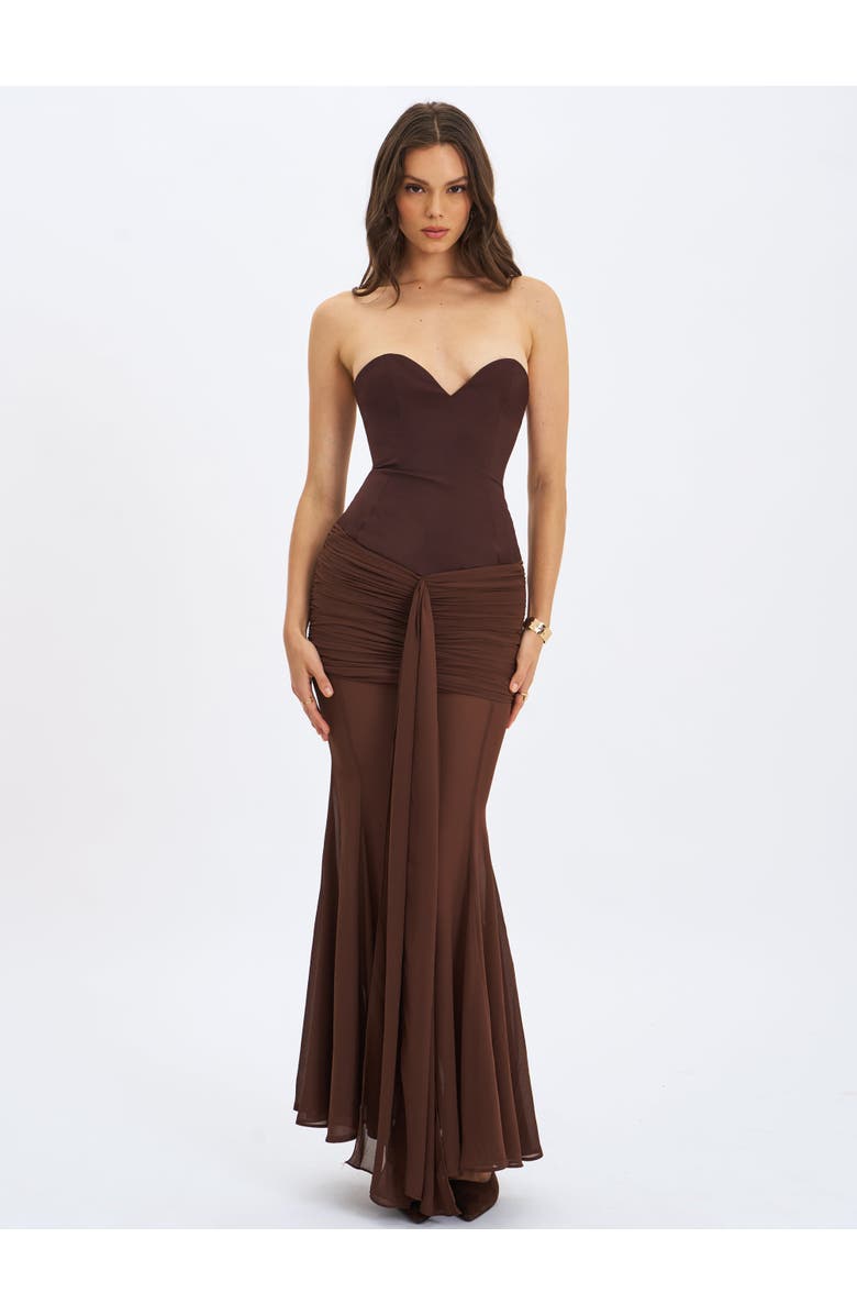 Miss Circle Giovana Sweetheart Draped Mesh Mermaid Maxi Dress, Alternate, color, Espresso