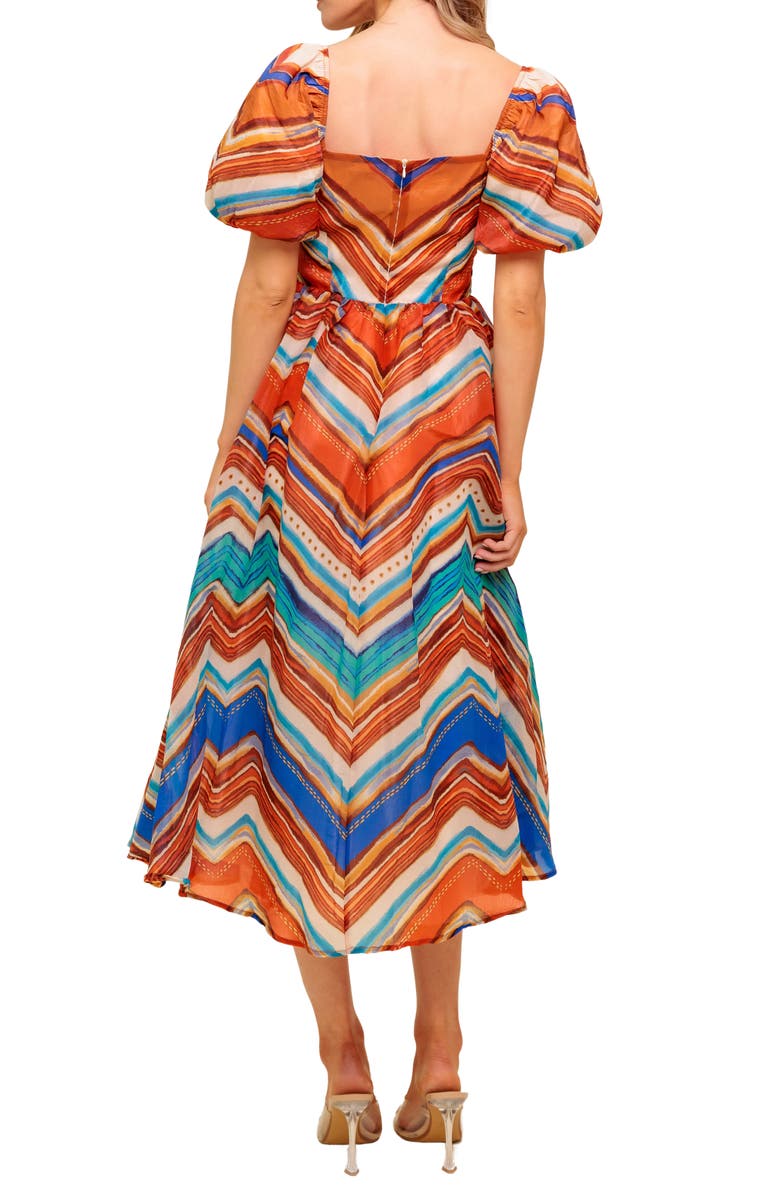 FLYING TOMATO Print Puff Sleeve Midi Dress, Alternate, color, Rust Blue