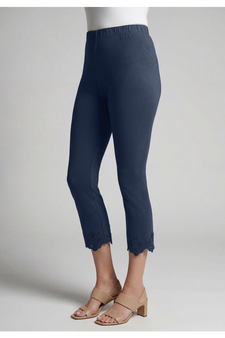 Stretch Cotton Eyelet Capri Legging, Alternate, color, NAVY FLORAL EYELET