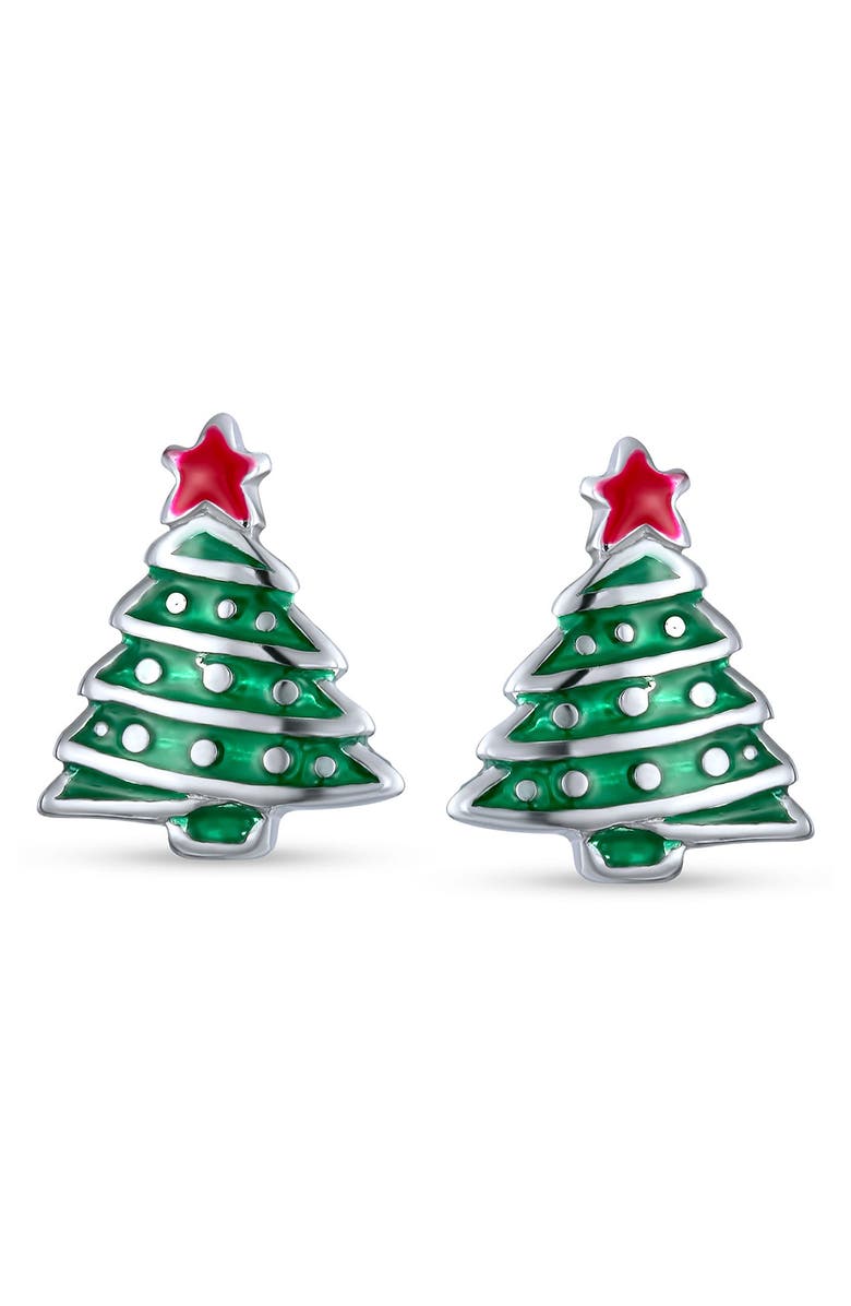 BLING JEWELRY Sterling Silver Enamel Christmas Tree Stud Earrings, Alternate, color, Green