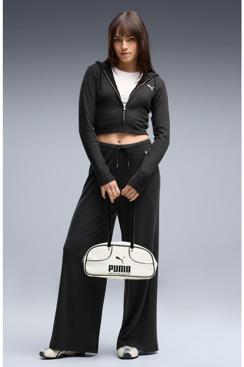 Essentials Ribbed Full Zip Hoodie, Alternate, color, PUMA BLACK