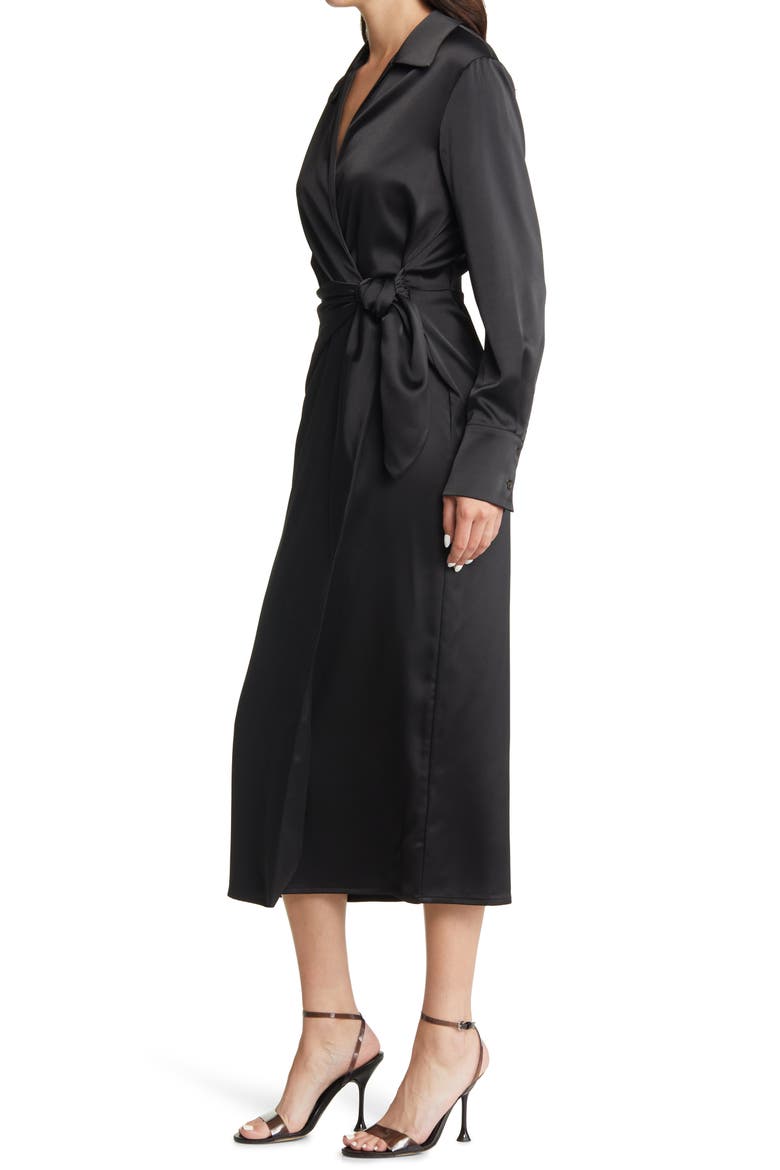 Long Sleeve Satin Midi Wrap Dress, Alternate, color, BLACK
