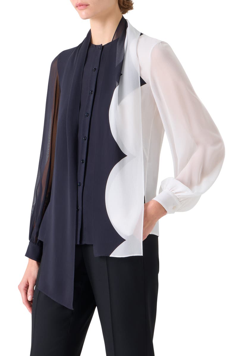 Akris Cloud Silk Tie Neck Shirt, Alternate, color, Black-Ecru