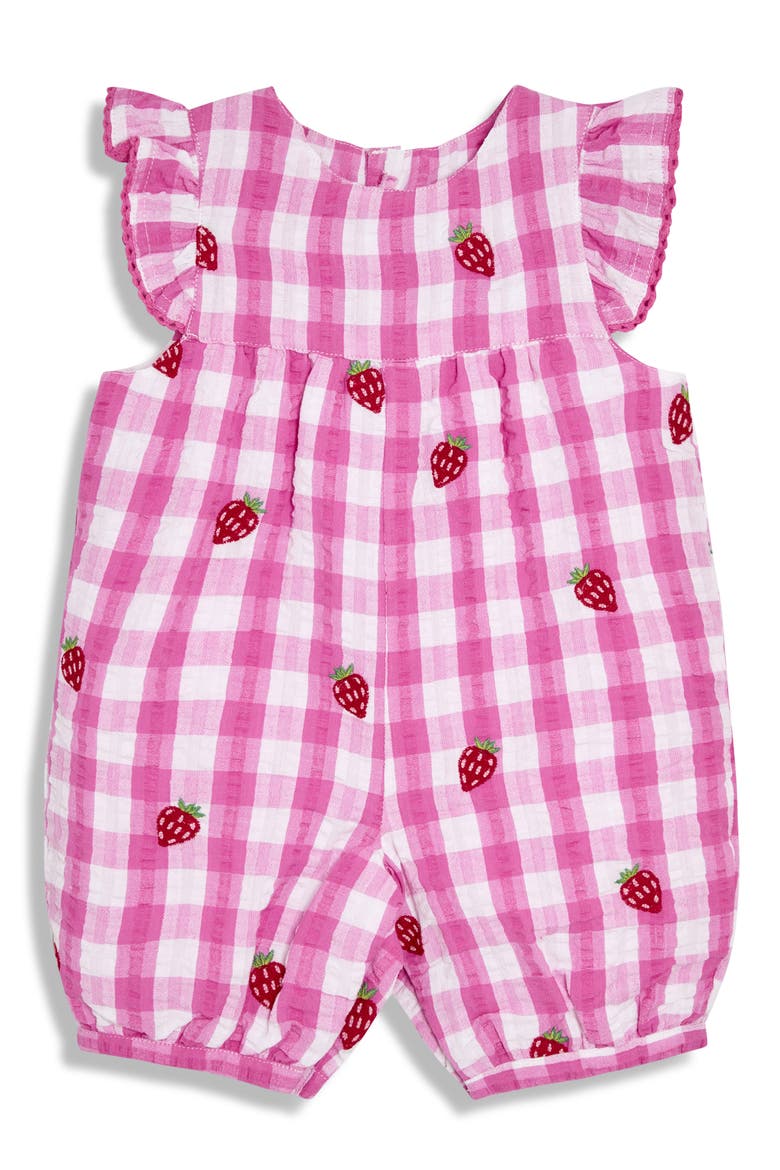 Strawberry Embroidered Gingham Cotton Seersucker Romper, Main, color, PINK