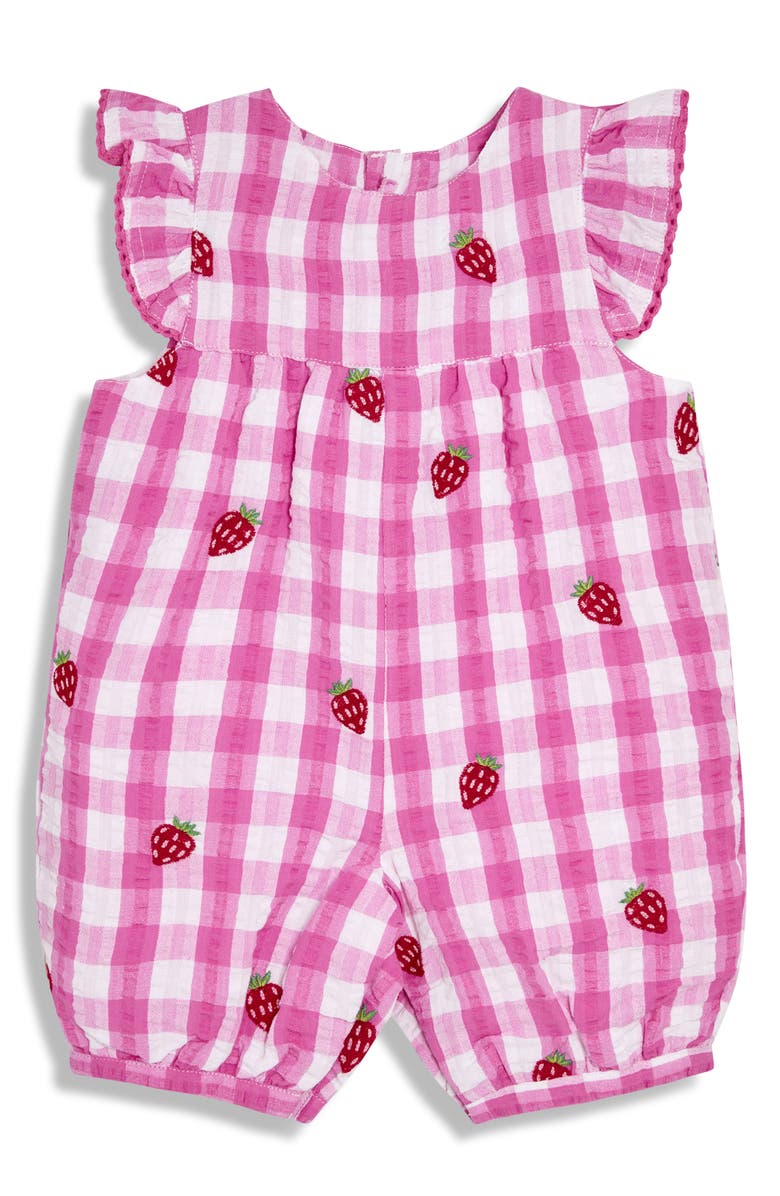 JOJO MAMAN BEBE Strawberry Embroidered Gingham Cotton Seersucker Romper, Main, color, Pink