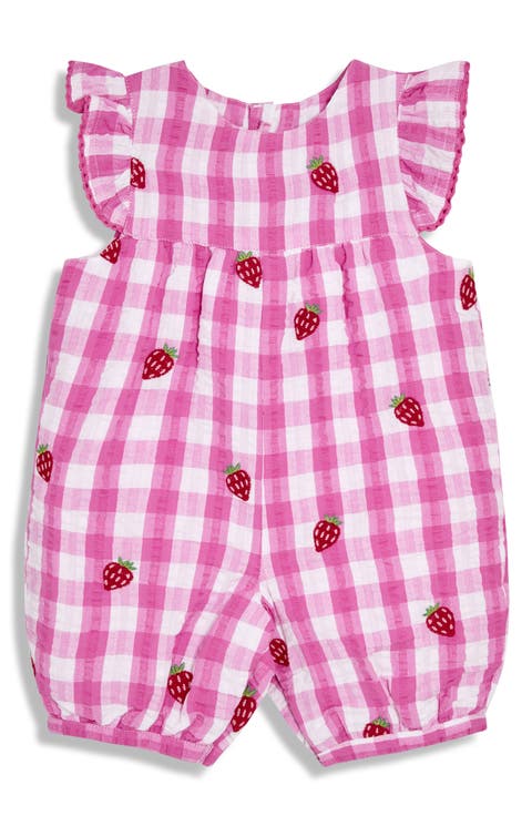 Strawberry Embroidered Gingham Cotton Seersucker Romper (Baby)
