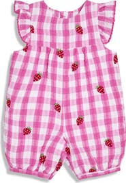 JOJO MAMAN BEBE Strawberry Embroidered Gingham Cotton Seersucker Romper