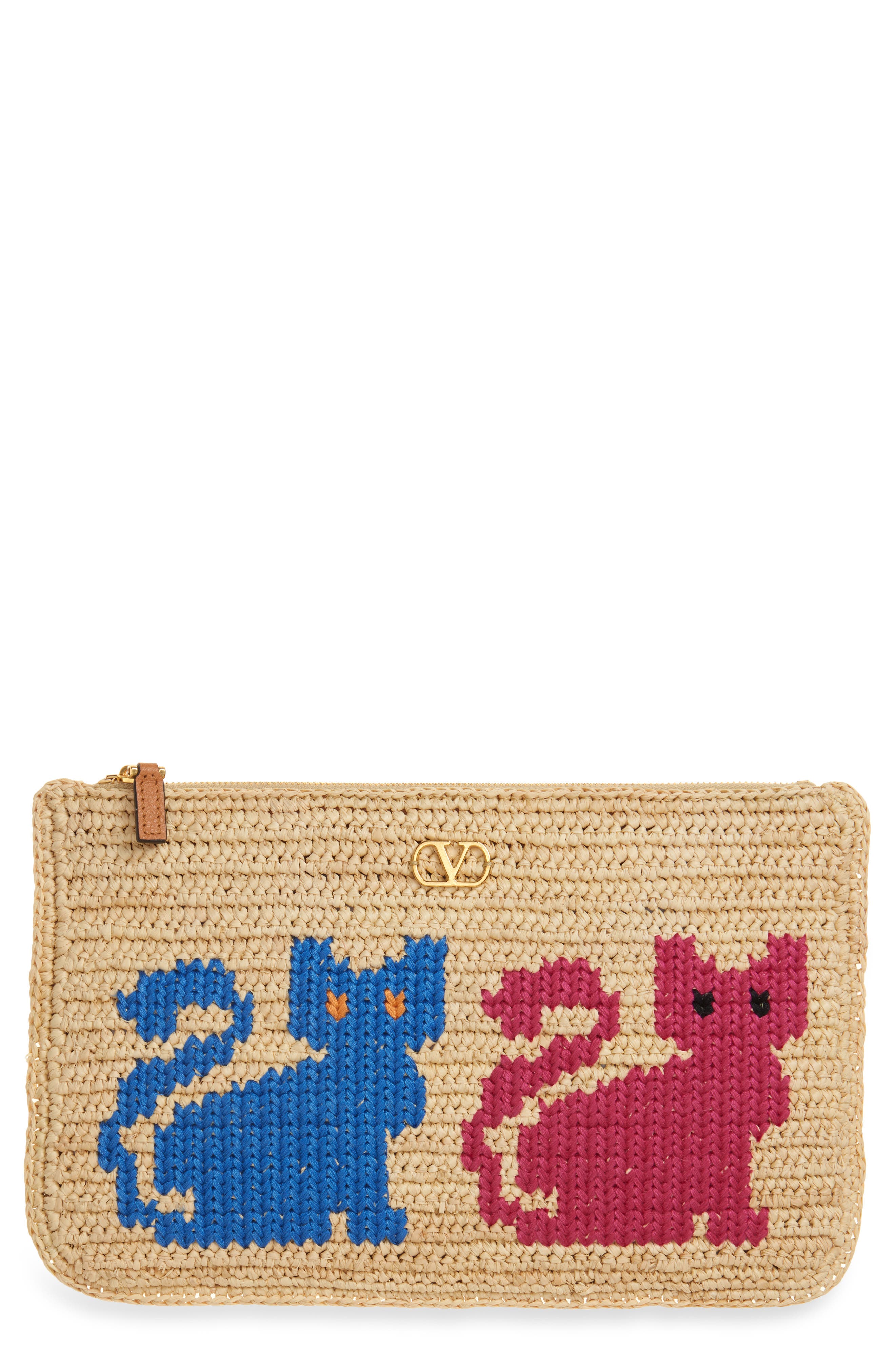 Valentino Garavani Medium Raffia Zip Pouch, Main, color, Natural Multi