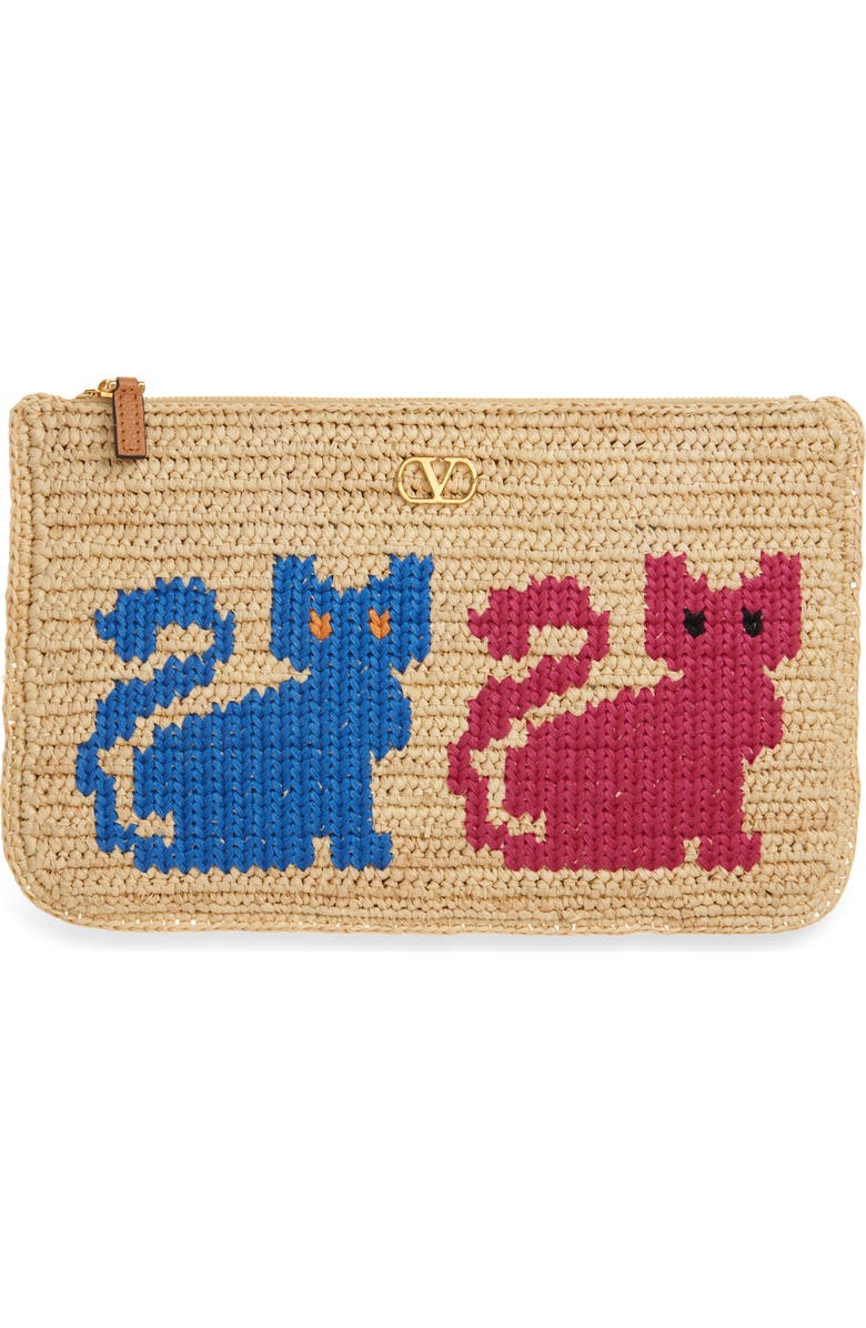 Valentino Garavani Medium Raffia Zip Pouch, Main, color, Natural Multi