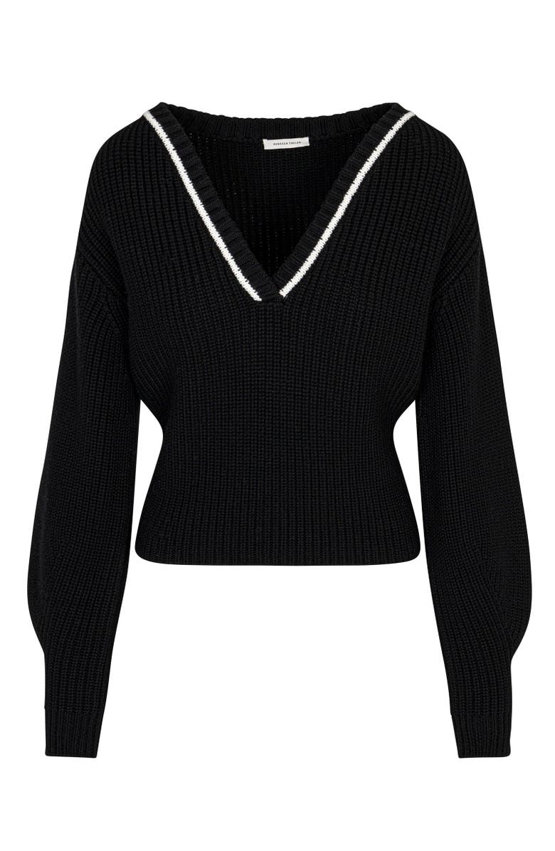 Rebecca Taylor Novlety Wool Victorian Slv V Neck, Alternate, color, Black