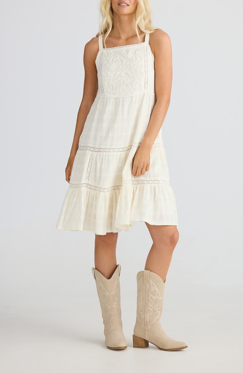 Talisman the Label Aurora Floral Embroidered Lace Trim Tiered Midi Dress, Alternate, color, Off White