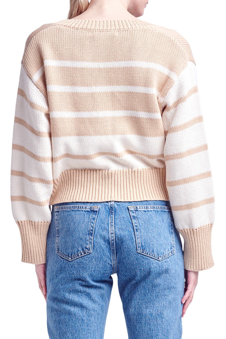 Stripe V-Neck Cotton Crop Sweater, Alternate, color, TANIVORY