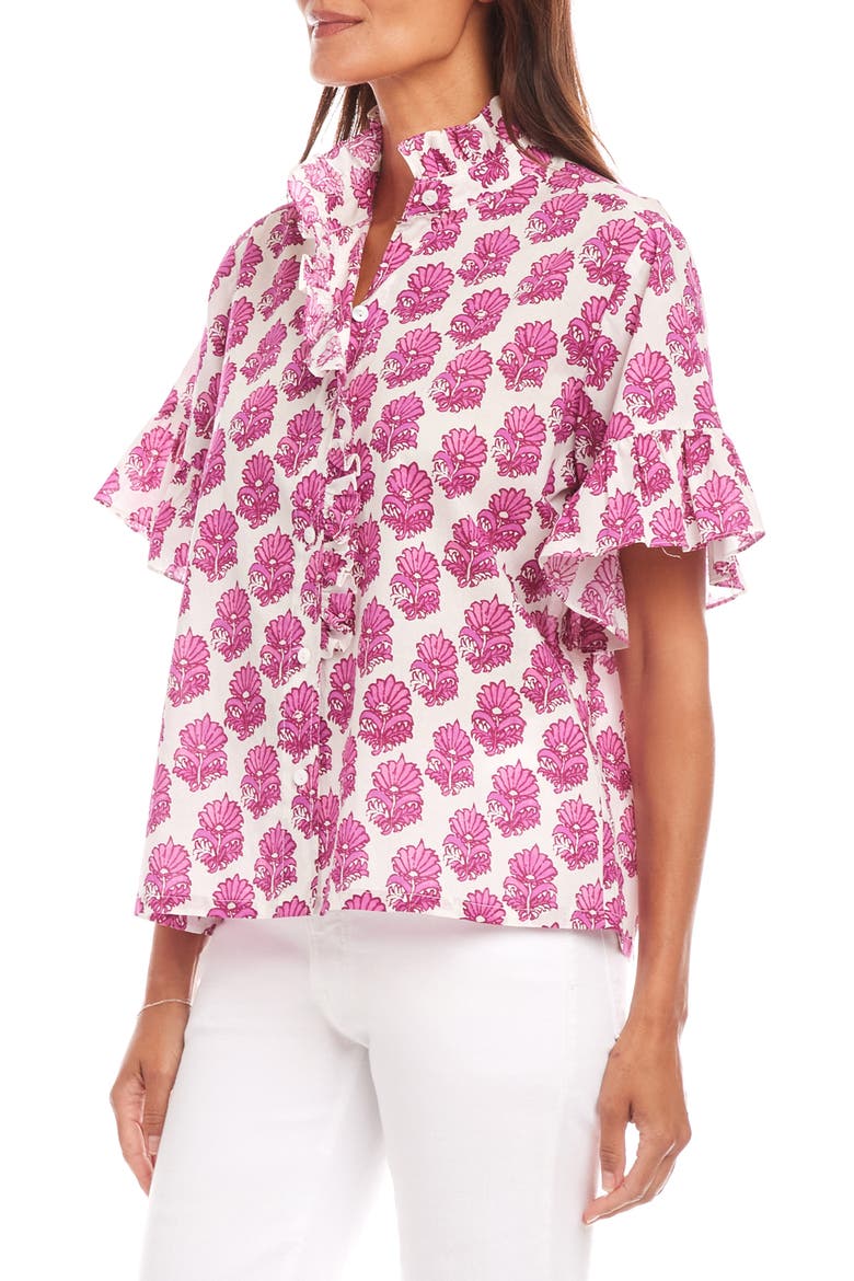 Floral Ruffle Accent Cotton Button-Up Shirt, Alternate, color, PINK PRINT