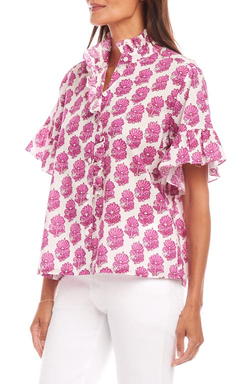 Karen Kane Floral Ruffle Accent Cotton Button-up Shirt In Pink Print