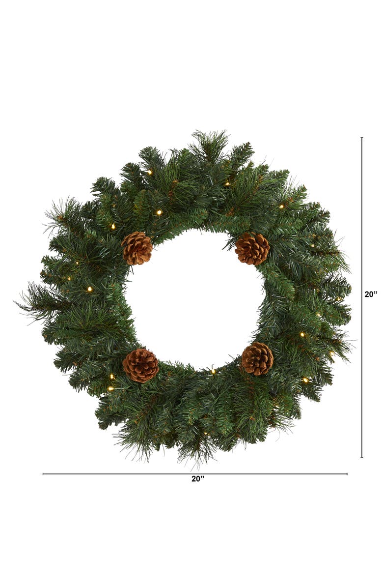 NEARLY NATURAL 20-in Pine Artificial Christmas Wreath with 35 LED Lights and Pinecones, Alternate, color, Green