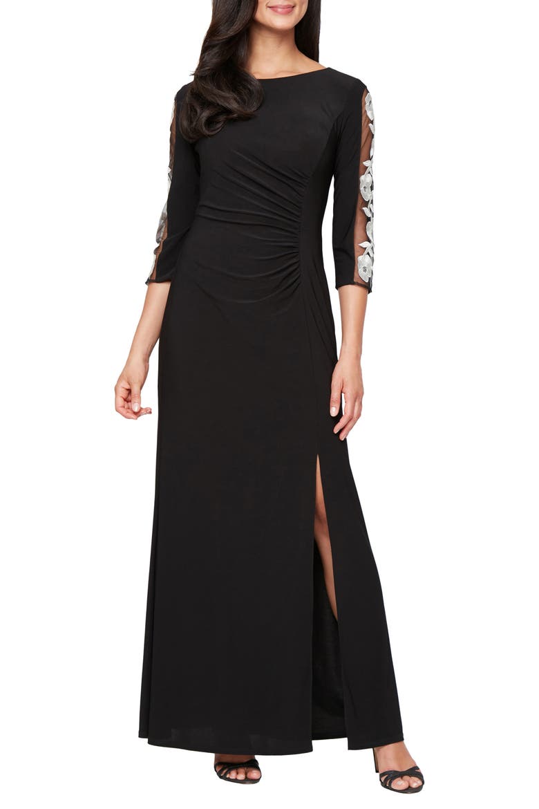 Embroidered Illusion Sleeve Jersey Gown, Main, color, BLACK IVORY