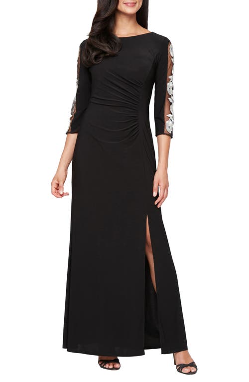 Sl Fashions Embroidered Illusion Sleeve Jersey Gown In Black